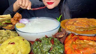 ASMR EATING PANTA BHATPAKHALA BHATAALOO BARTASHAKBAINGAN FRYBIG FISH CURRYCHINGRI CURRYPAPAD [upl. by Chavez734]