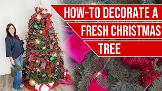 FRESH LIVE Christmas Tree TUTORIAL  Ribbons Ornaments Lighting and MORE [upl. by Nylad599]