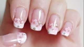 Cherry Blossom French Manicure Nails Konad Stamping with Freehand Option [upl. by Fanya701]