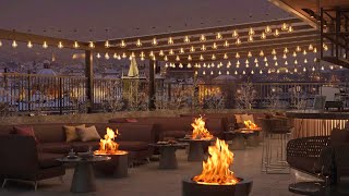 Winter Rooftop Coffee Shop Ambience  Fireplace Sounds and Chill Jazz Music for relaxation sleep [upl. by Brunhilde]