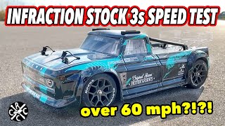 Box Stock ARRMA Infraction 3s Hits Over 60mph Speed Test On 3s 5000mah 100C Spektrum G2 Battery [upl. by Kendre446]