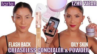 TARTE COSMETICS CREASELESS CREAMY CONCEALER amp LOOSE SETTING POWDER 12HR WEAR TEST oily skin  MJ [upl. by Black]