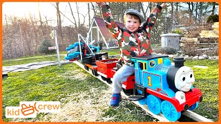 Driving train on backyard railroad to deliver straw and rescue locomotive Educational  Kid Crew [upl. by Kenley]