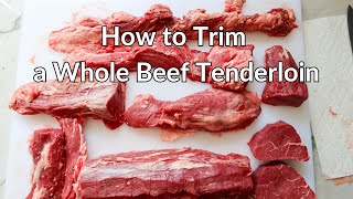 Trimming a Whole Beef Tenderloin into Various Cuts of Steak [upl. by Jaquenetta240]