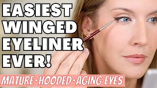 Quick Easy Winged Eyeliner Tutorial for Hooded Aging Downturned Eyes [upl. by Enitsugua294]