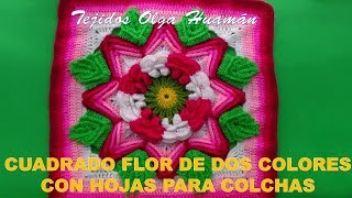 Cuadrado a crochet Flor de dos Colores con Hojitas para colchas y cojines [upl. by Yrac478]