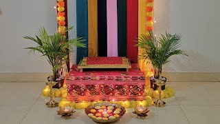 Diwali backdrop decoration ideas Lakshmipujan decoration ideas using duptta for home [upl. by Clayberg409]