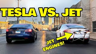 JET Powered Tesla VS P100D Drag Race [upl. by Annaeiluj313]