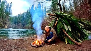 SOLO BUSHCRAFT FISHING HUT BUILD Catching Salmon amp Trout [upl. by Dyrrej577]