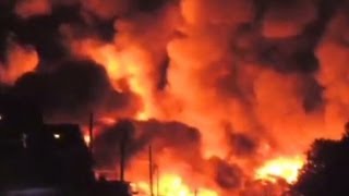 See massive fire after train derailment [upl. by Rabah]