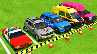 CHEVROLET DACIA FORD VOLKSWAGEN POLICE CARS amp FORD AMBULANCE EMERGENCY TRANSPORTING  FS22 [upl. by Ettellocin744]