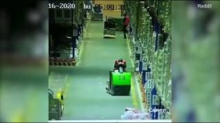 Forklift Driver Falls Asleep and Drives into Shelves [upl. by Cozmo]