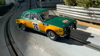 Rally escort and Delorean with classic cars Scalextric slot car layout [upl. by Gatian]