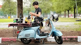 ASMR Cafe Vlog Mini Coffee Shop Vespa Scooter Barista Work Hard Relaxing Mood Kopi Carts Street [upl. by Mouldon]