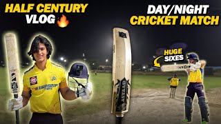 PLAYING WITH HARDIK PANDYAS BAT😍 HALF CENTURY VLOG IN TOURNAMENT MATCH🔥  DAY NIGHT CRICKET MATCH [upl. by Arutnev]