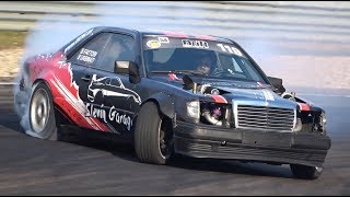 Twin Turbo V8 MercedesBenz W124 EClass Drift Car  Killing Tires at Modena Circuit [upl. by Aibun753]