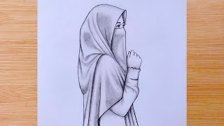 A girl with hijab  Pencil sketch  Drawing tutorial how to draw [upl. by Suivatnod]