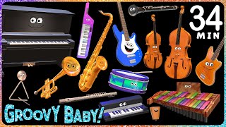 34 Minutes of Baby Sensory Music Videos – Dancing Animated Instruments Play Five Styles of Music [upl. by Rooker373]