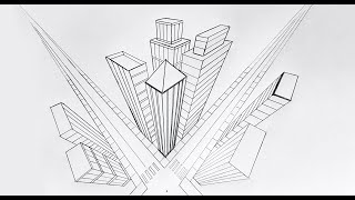 How to draw in three point perspective city buildings birds eye view [upl. by O'Connor]