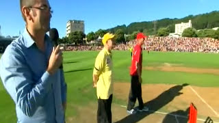 Auction winner smacks Shane Warne around in a charity cricket over [upl. by Maroney]