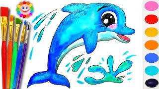 How to Draw a DOLPHIN Sea Animals Coloring Page to Learn Colors for Children [upl. by Hanahs]