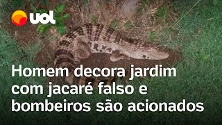 Jacaré falso mobiliza bombeiros em MG e vídeo mostra resgate peça era decoração do jardim [upl. by Moscow676]