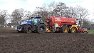 Loonbedrijf Bouwhuis met hun nieuwe New Holland T7315 aan het bouwland bemesten 2021 [upl. by Melan]