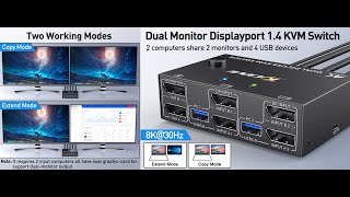 KCEVE Dual Monitor Displayport 14 USB 30 KVM Switch Support 4K120Hz [upl. by Audwin]