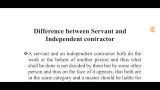 Differences between Servant and Independent contractor to determine masters liability [upl. by Whiffen684]