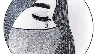 Crying girl drawing  Circle drawing for beginners  How to draw a sad girl with mask [upl. by Ohcirej]