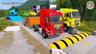 Double Flatbed Trailer Truck vs speed bumpsBusses vs speed bumpsBeamng Drive492 [upl. by Hadwin711]