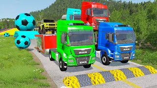 Double Flatbed Trailer Truck vs Speedbumps Train vs Cars  Tractor vs Train BeamngDrive 058 [upl. by Adlaremse]