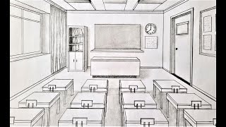 How to draw a room in one point perspective a classroom [upl. by Farlee]