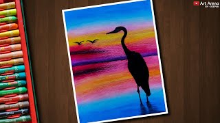 Egret Sunset Landscape Drawing for Beginners with Oil Pastels  step by step [upl. by Aicilef]