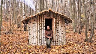 Building Warm Cozy Bushcraft Survival Shelter Hanging Wood Stove Oil Сandle Fried Mushrooms [upl. by Josi]