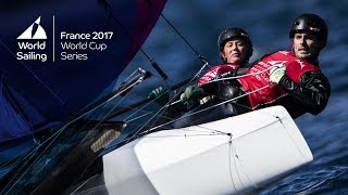 Full Nacra 17 Medal Race from the World Cup Series Hyères 2017 [upl. by Akapol]