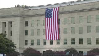 Flag unfurled at Pentagon to mark September 11th [upl. by Ahsram]