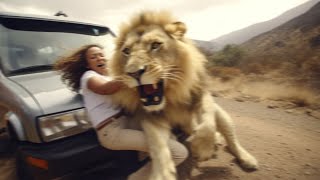 Woman Tries to Pet Lion During Safari Tour [upl. by Nnail512]