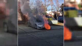 Tesla fire Model S bursts into flames twice in 1 day in Los Gatos California  ABC7 [upl. by Innob]