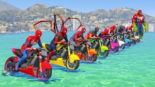 hombre araña en moto  GTA 5 moto moto vs desafío de tren para superhéroes en mega rampa new race [upl. by Vitek]