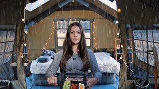 RAIN and STORM Camping in AIR Tent  Solo in Cozy hot tent  ASMR [upl. by Rausch]