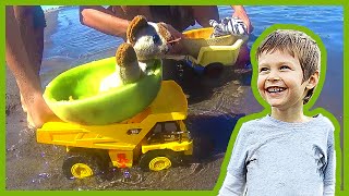 Toy Dump Trucks Launch Melon Boats [upl. by Aneema]