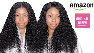 AFFORDABLE BEGINNER FRIENDLY GLUELESS WIG FROM AMAZON  DEEP WAVE LACE CLOSURE WIG  ORIGINAL QUEEN [upl. by Patterman]