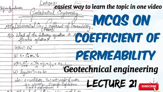 mcqs on coefficient of permeability soil mechanics  lecture 21 [upl. by Ahsenyl]