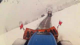 Snow removal with two vehicles on extreme Alpine paths [upl. by Ladin]