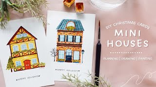 Mini Houses DIY Christmas cards watercolor tutorial [upl. by Orazal]