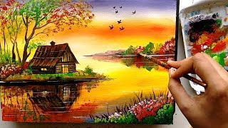 Beautiful Riverside Scenery Painting  Acrylic Painting Tutorial [upl. by Fabiano]