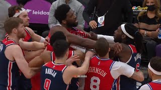 Joel Embiid did not like that foul by Harrell and the two just got in a minor scuffle [upl. by Bernj664]