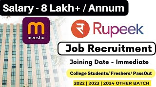 Meesho Job Hiring  Rupeek Internship  Salary 8LPA  2022 2023 2024 Batch  Immediate Joining [upl. by Baryram612]