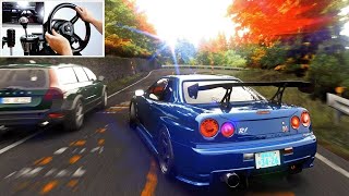 Drifting R34 GTR at MtAkina wTraffic  Assetto Corsa  Steering Wheel Gameplay [upl. by Smiga]